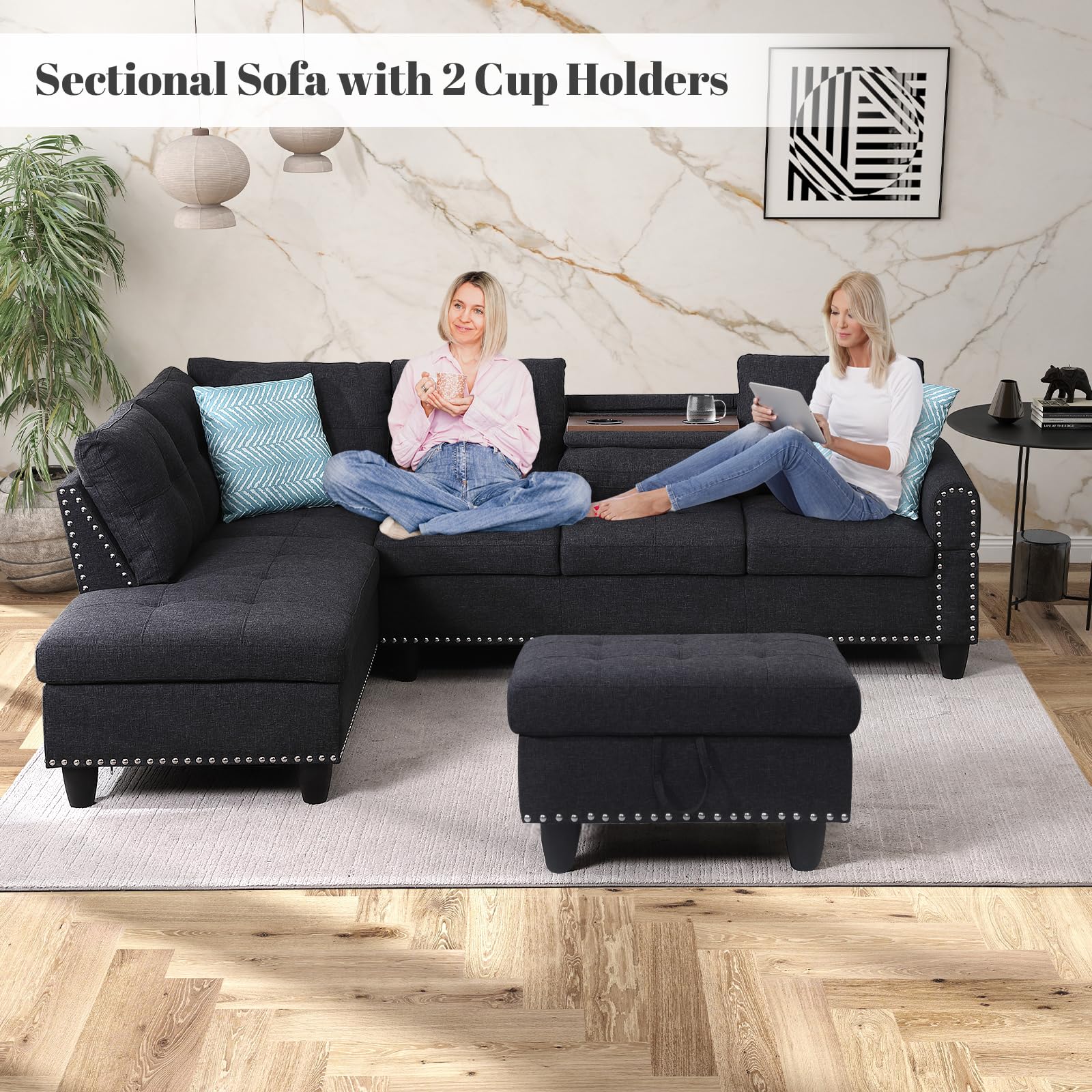 Rovibek L Shaped Sectional Couch with Ottoman and Pillows, 2 Cup Holders Design Living Room Sofa Set for Apartment, Office