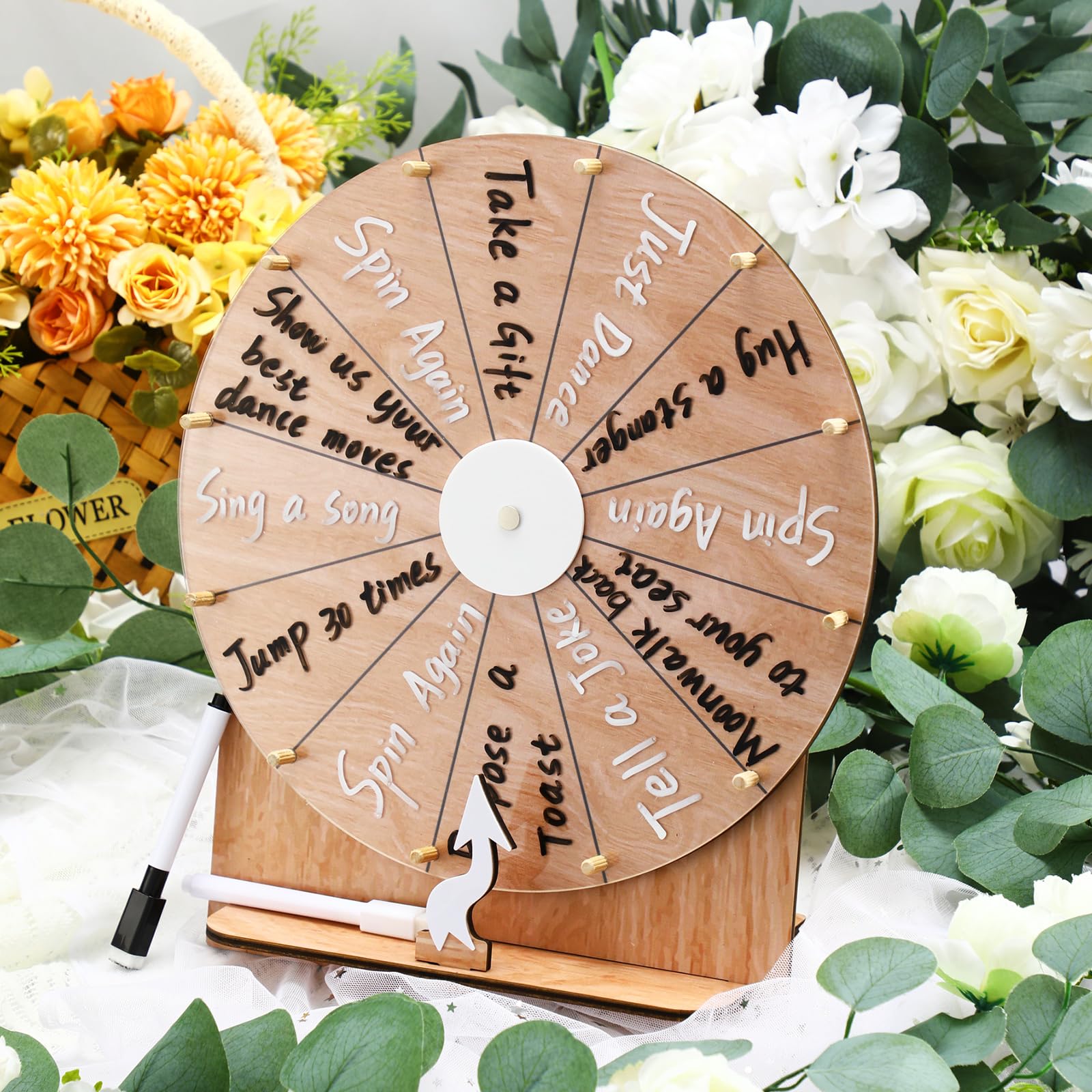 Memorywuu Wedding Game Spinning Wheel 11.4 Inch Erasable Spin The Wheel Game Prize Wheel Spinner with Stand for Wedding Engagement Party Family Games Baby Shower(Wood Color)