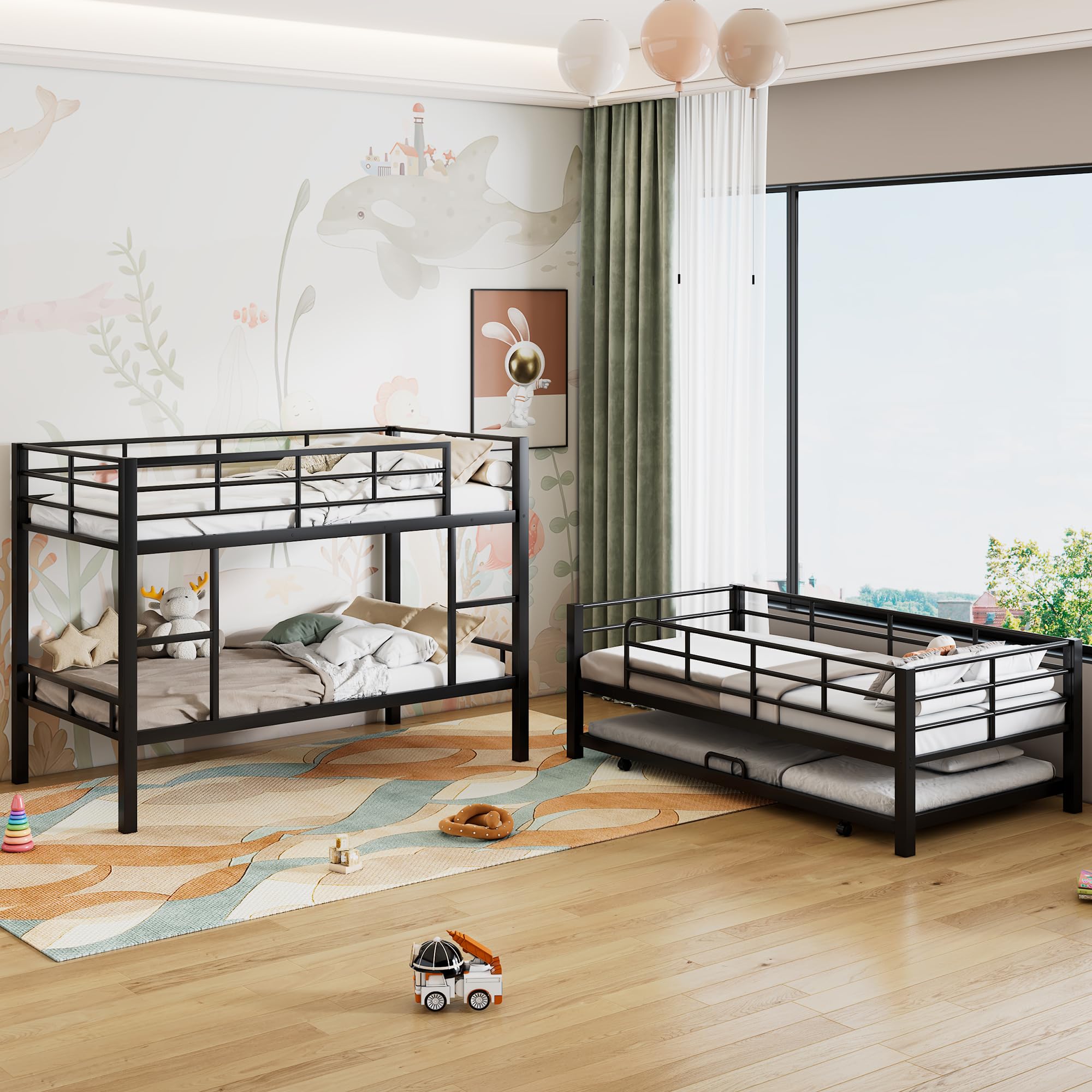 RuiSiSi Triple Twin Metal Bunk Bed with Trundle, 3 Twin Bunk Beds for Kids with Ladder, Can Be Divided Into 2 Beds, Heavy Duty Frame（Black）