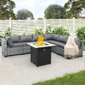 Valita 7 Piece Outdoor PE Wicker Furniture Set, Patio Gray Rattan Sectional Sofa Couch Adjustable Gas Fire Pit Grey Cushions