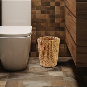 KENHANDCRAFTVN Wicker Trash Can Bathroom, Cylinder Small Wicker Trash Basket, Handwoven Water Hyacinth Trash Can, Wicker Waste Basket for Bathroom, Bedroom, Office, Living Room, Small Space 1 Pack