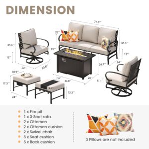 VICLLAX 6 Pieces Patio Furniture Set with 45-inch Fire Pit Table, Outdoor Furniture of 3-Seater Sofa, 2 Patio Swivel Sofa Chairs, Metal Top Fire Pit Table and Ottomans for Backyard Deck and Garden