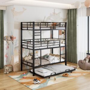 RuiSiSi Triple Twin Metal Bunk Bed with Trundle, 3 Twin Bunk Beds for Kids with Ladder, Can Be Divided Into 2 Beds, Heavy Duty Frame（Black）