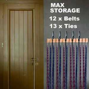 Belt Organizer for Closet, Wooden 2-in-1 Belt Hanger Tie Rack, Wall Mount Belt Holder Tie Hanger Organizer Max 12 Belt & 13 Tie Storage with 360° Swivel Hook