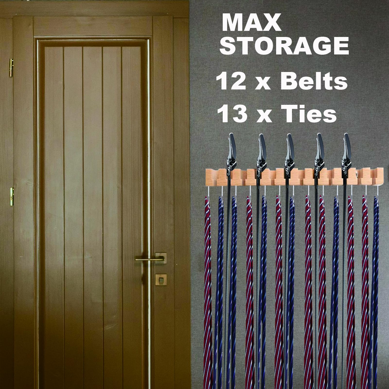 Belt Organizer for Closet, Wooden 2-in-1 Belt Hanger Tie Rack, Wall Mount Belt Holder Tie Hanger Organizer Max 12 Belt & 13 Tie Storage with 360° Swivel Hook