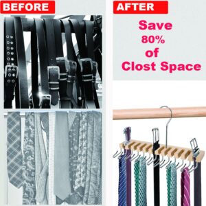 Belt Organizer for Closet, Wooden 2-in-1 Belt Hanger Tie Rack, Wall Mount Belt Holder Tie Hanger Organizer Max 12 Belt & 13 Tie Storage with 360° Swivel Hook