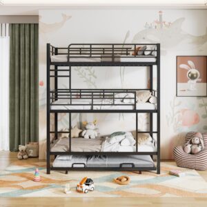 RuiSiSi Triple Twin Metal Bunk Bed with Trundle, 3 Twin Bunk Beds for Kids with Ladder, Can Be Divided Into 2 Beds, Heavy Duty Frame（Black）