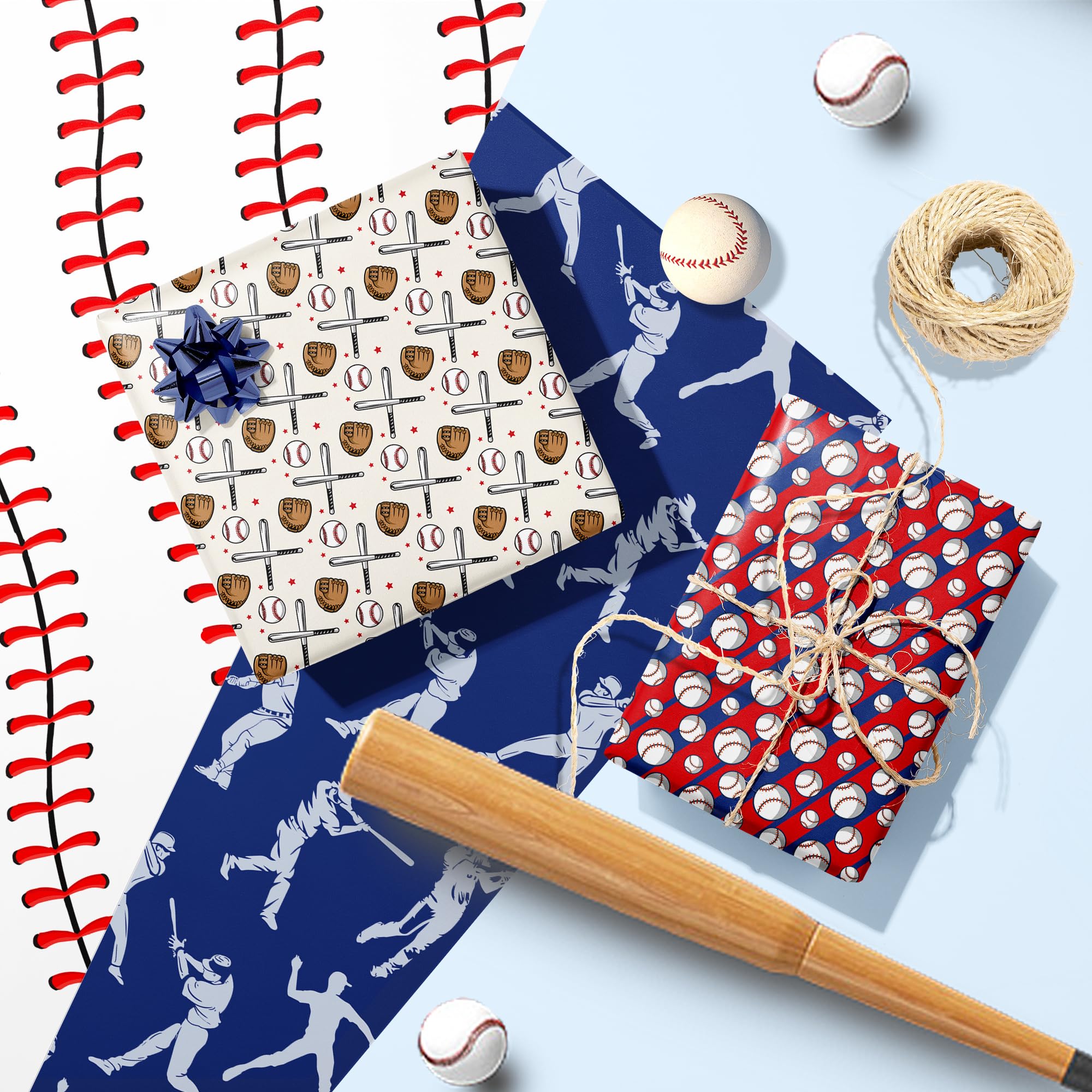 12 Sheets Baseball Wrapping Paper, 20x27in Baseball Pattern Gift Wrap Paper Baseball Bat Baseball Gloves Patterns Wrapping Paper for Sports Party Decor Boy Birthday Gift Wrapping