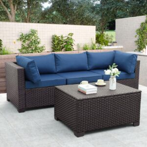 WAROOM Outdoor PE Wicker Coffee Table - Resin Rattan Patio Table Garden Furniture Backyard Storage Table with Waterproof Lining Bag, Brown