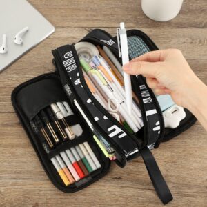 Fustylead Black and White Fun Western Cactus Pencil Pen Case with 3 Compartments, Lightweight & Spacious Stationery Bag Cosmetics Bag