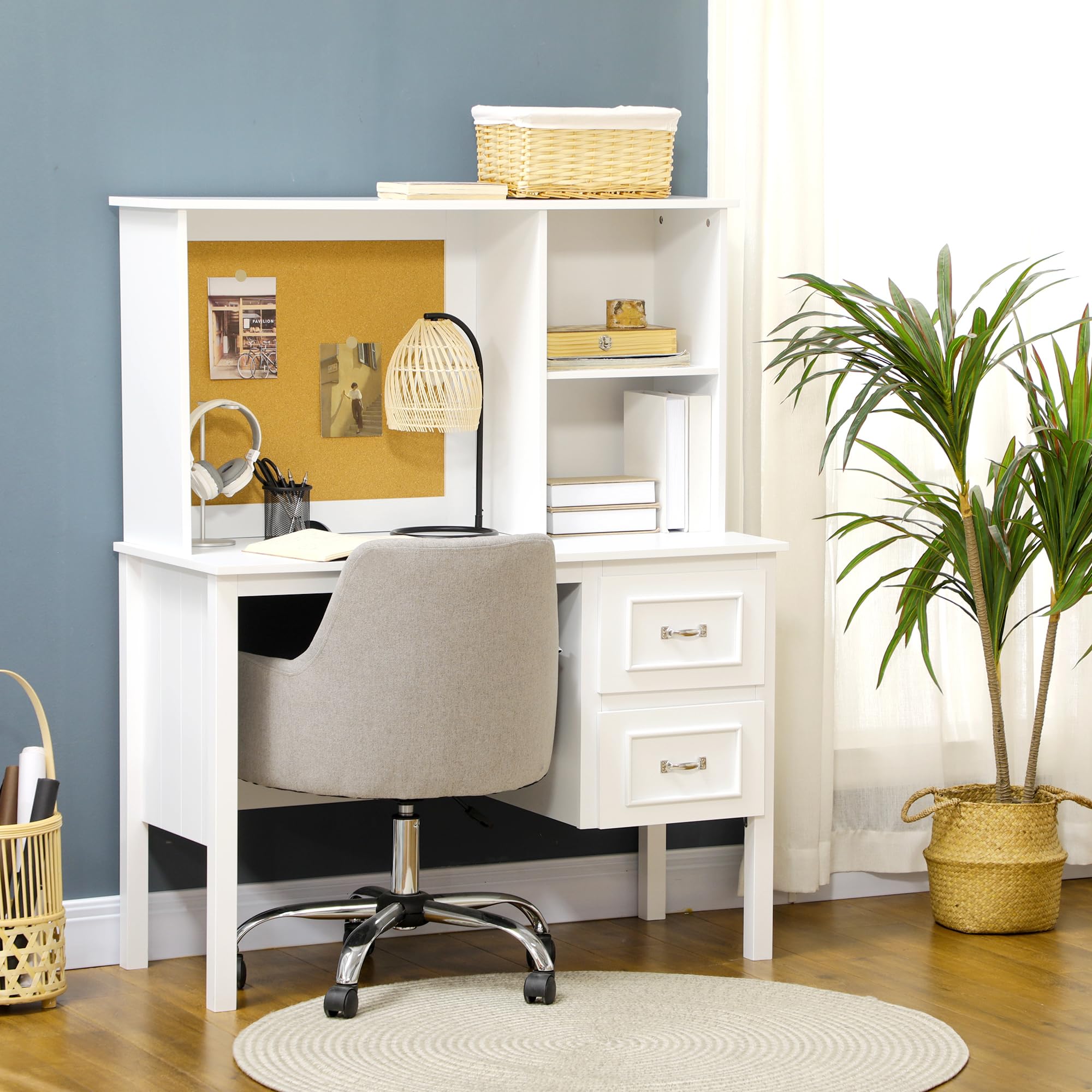 HOMCOM Computer Table with Storage Shelves, Home Office Desk with 2 Drawers, Cable Management Hole, Corkboard - White