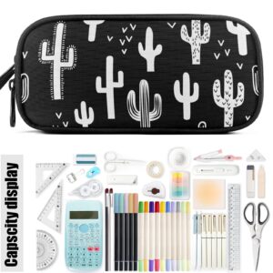 Fustylead Black and White Fun Western Cactus Pencil Pen Case with 3 Compartments, Lightweight & Spacious Stationery Bag Cosmetics Bag