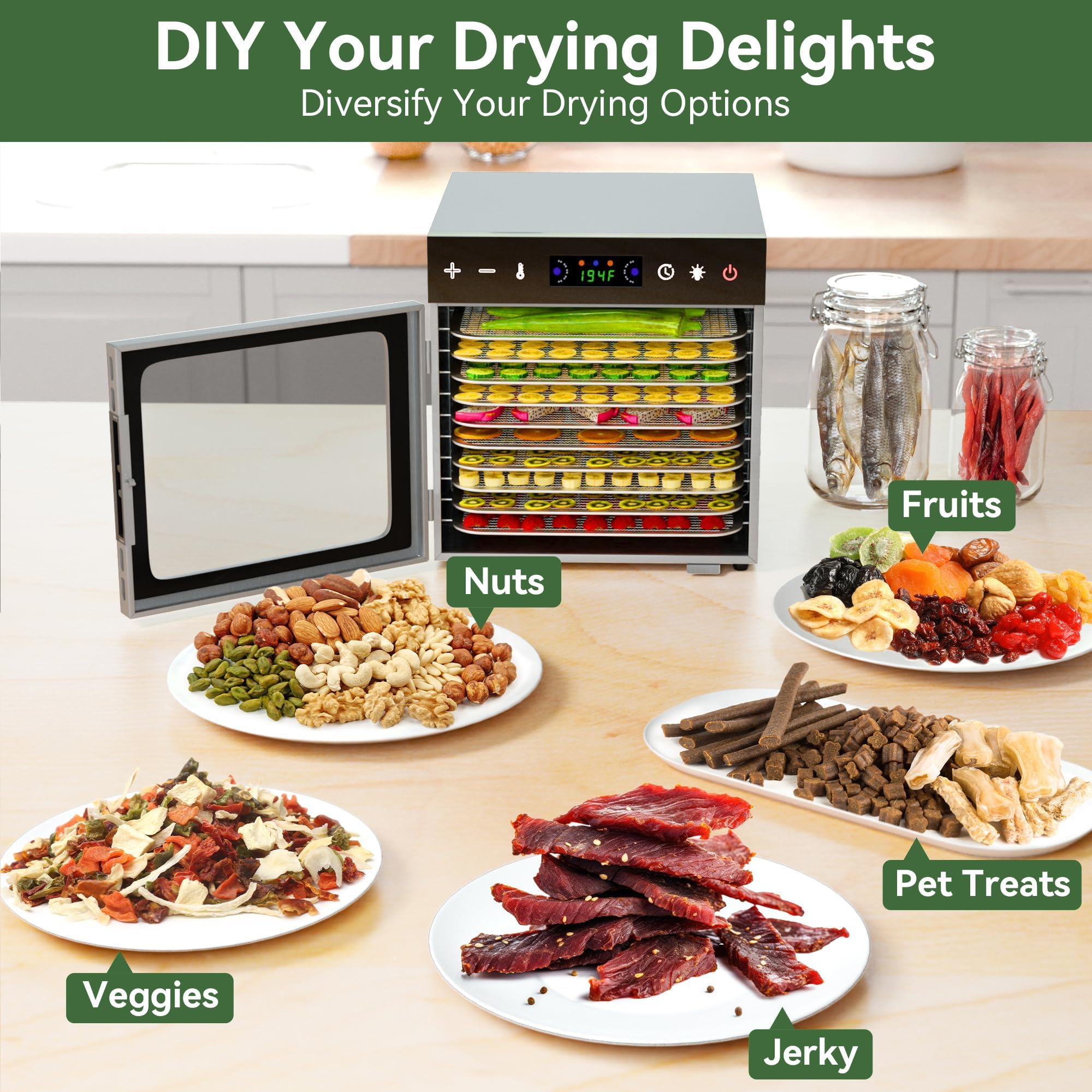 Dehydrators for Jerky, 10 Trays Stainless Steel Meat Dehydrator, 194℉ Temp Control & Digital Timer, 600W Fruit Dehydrator, Food Dehydrator for Jerky, Dog Treats, Mushroom, Veggies, Fruit