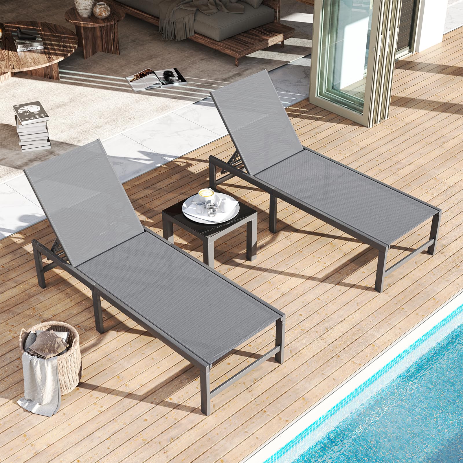 Amopatio Patio Chaise Lounge Set of 3, 24.4" Wider Outdoor Lounge Chairs with Table, Textilene Pool Chaise Lounge for Sun Tanning Lay Flat Poolside Lounger for Beach, Lawn, Grey