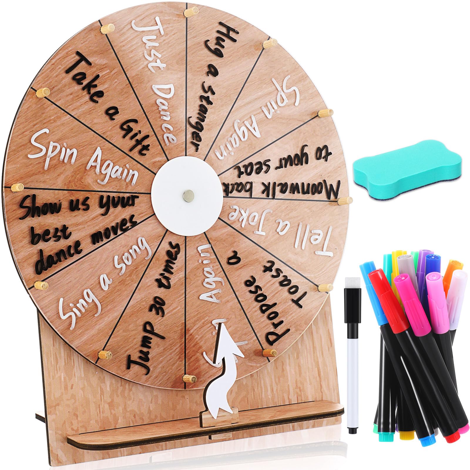 Memorywuu Wedding Game Spinning Wheel 11.4 Inch Erasable Spin The Wheel Game Prize Wheel Spinner with Stand for Wedding Engagement Party Family Games Baby Shower(Wood Color)