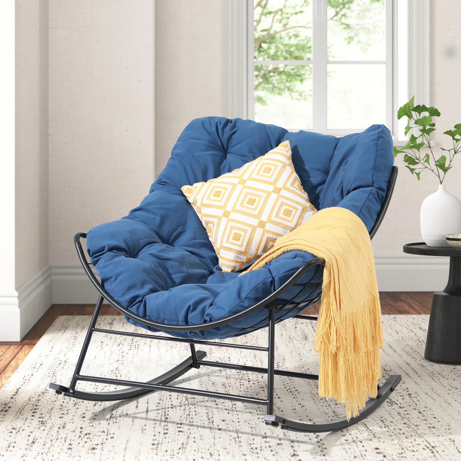 OC Orange-Casual Outdoor Rocking Chair, Patio Comfy Reading Chairs with Oversized Cushion, Indoor Rocker Egg Recliner Chair for Balcony Front Porch Garden Living Room, Navy Blue