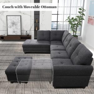 Rovibek L Shaped Sectional Couch with Ottoman and Pillows, 2 Cup Holders Design Living Room Sofa Set for Apartment, Office