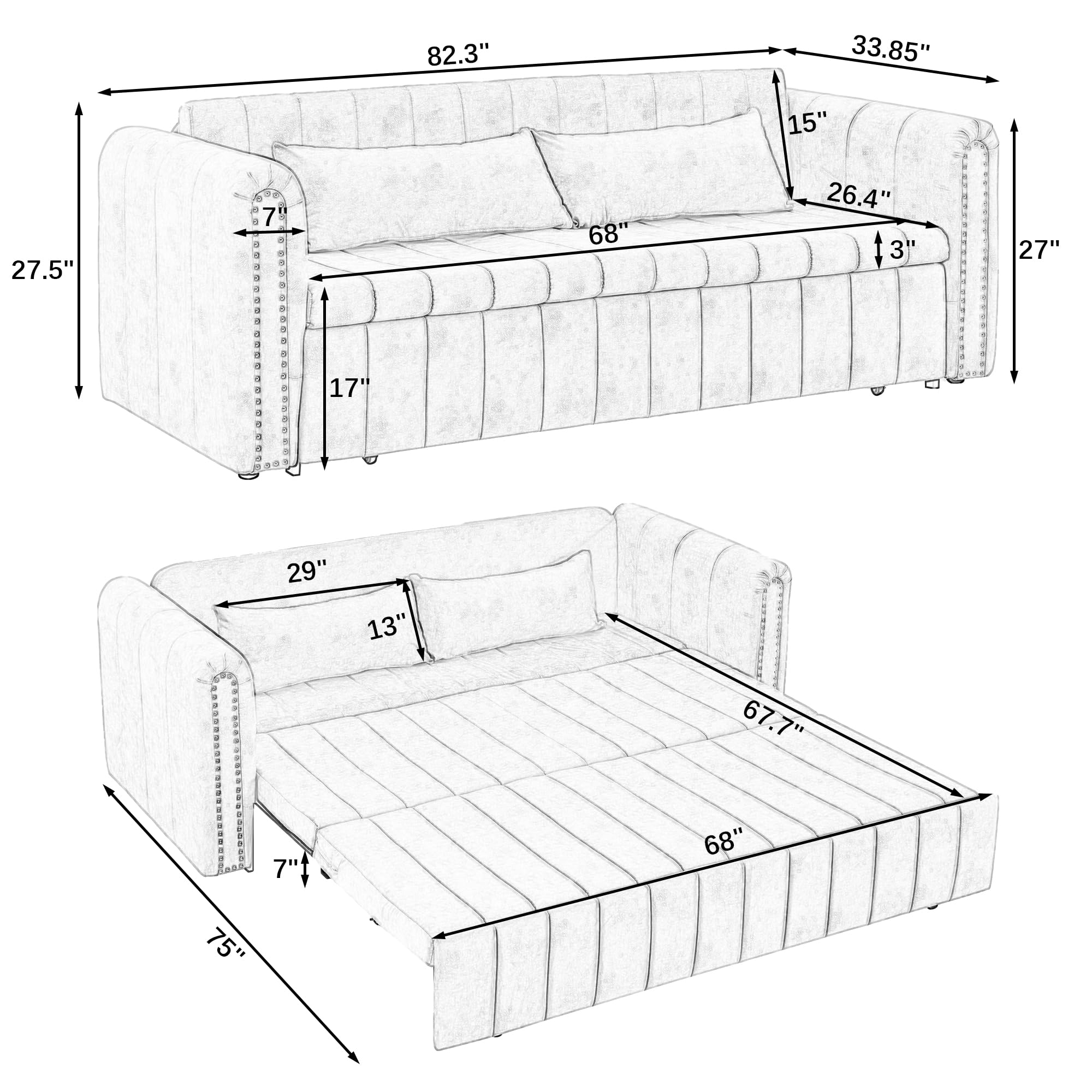 KIVENJAJA 82.3” Sleeper Sofa Bed Couch, Convertible 3-Seater Sofas with King Size Pull Out Sofabed, 3 in 1 Pullout Couches w/ 2 Drawers & Pillows for Living Room, Velvet, Orange