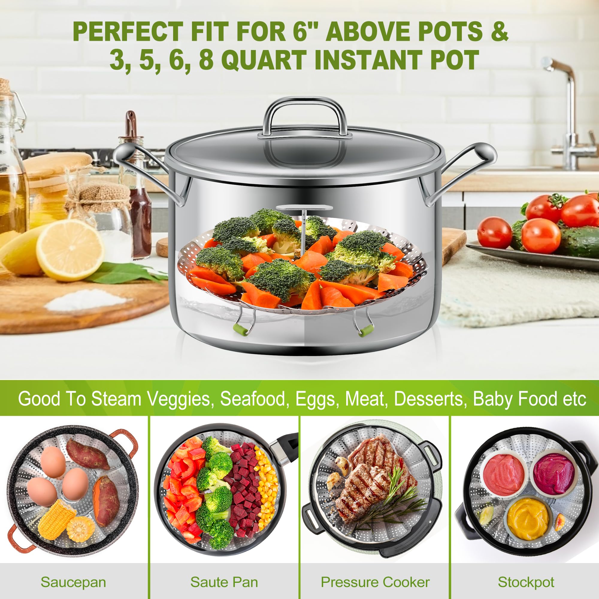 Pavsrmy Steamer Basket, 3rd Generation Stainless Steel Vegetable Steamer with Extendable Handle for Cooking Food, Folding & Expandable Veggie Steamer Insert, Fit Various Size Instant Pot (5.5" to 9")