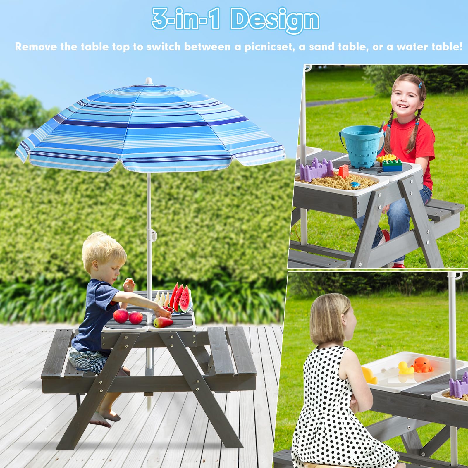 Beright 3-in-1 Kids Picnic Table, Play Sand and Water Sensory Table with Height Adjustable Umbrella & Removable Tabletop, Kids Wooden Outdoor Table, with 3 Storage Bins, Upgraded