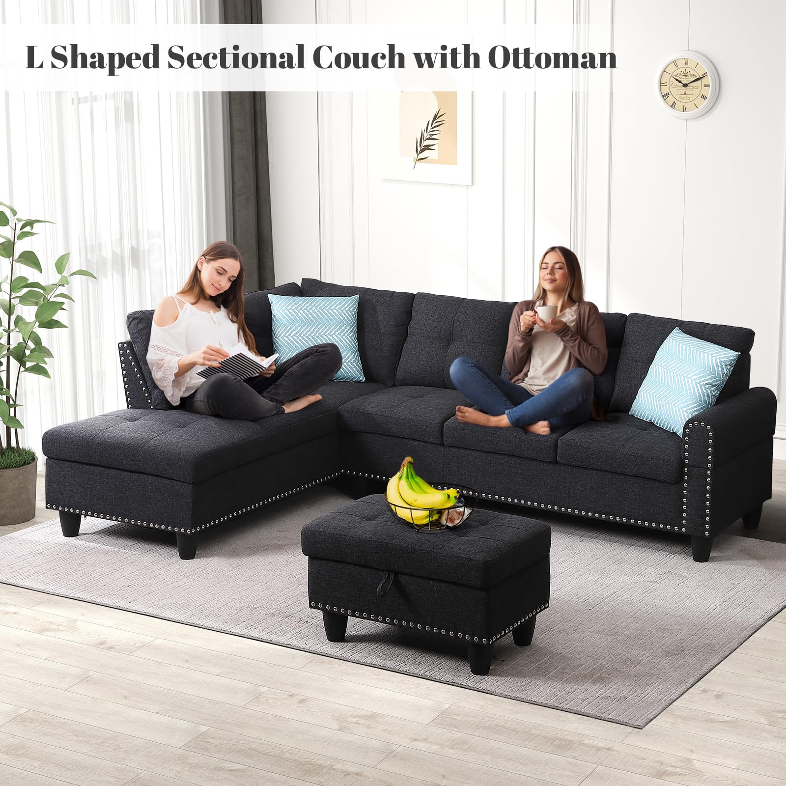 Rovibek L Shaped Sectional Couch with Ottoman and Pillows, 2 Cup Holders Design Living Room Sofa Set for Apartment, Office