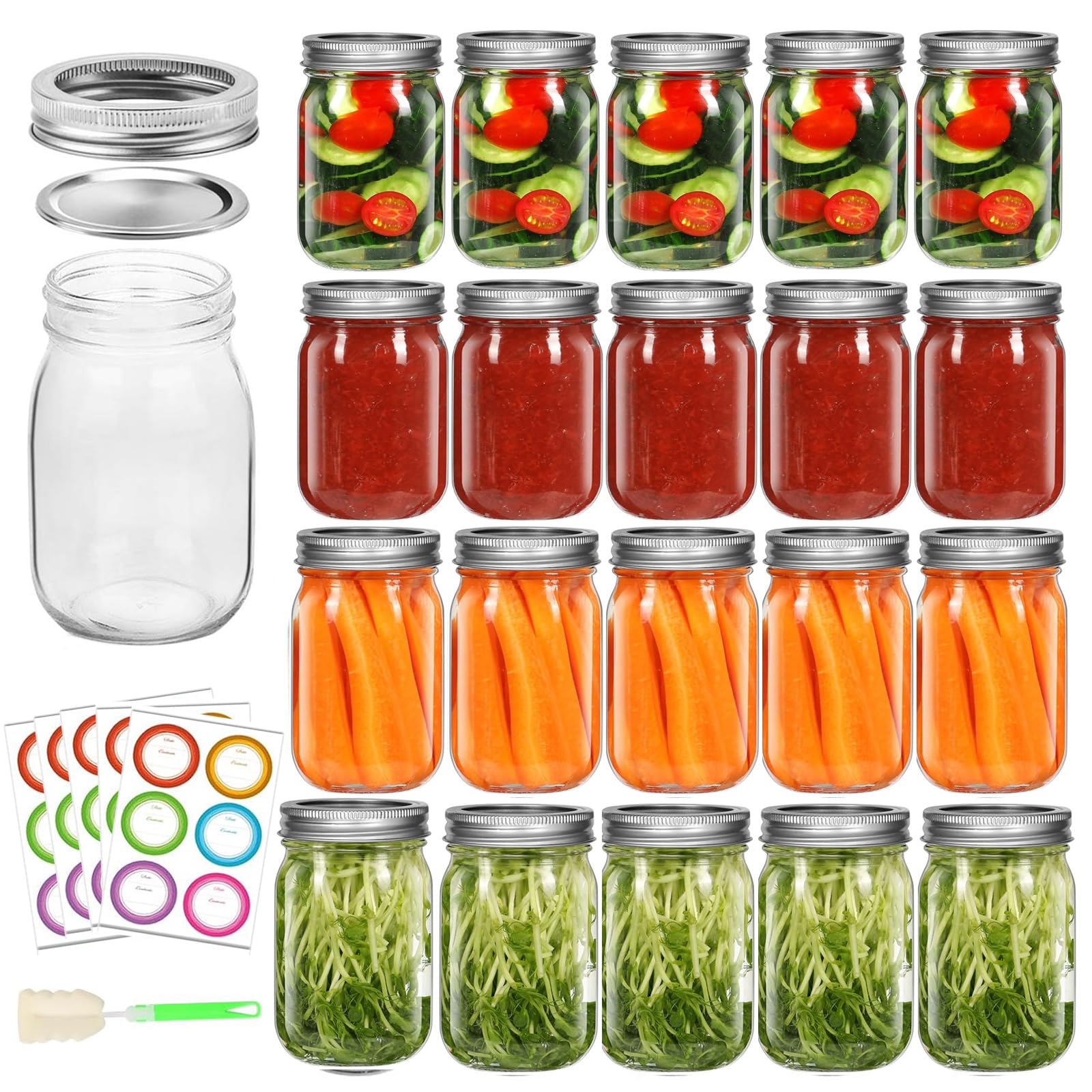 Mcupper 20 Pack 12 oz Mason Jars with Lids and Bands, Regular Mouth Glass Canning Jars with Labels and Brusher for Storage, Canning & Preserving, Dishwasher & Microwave Safe