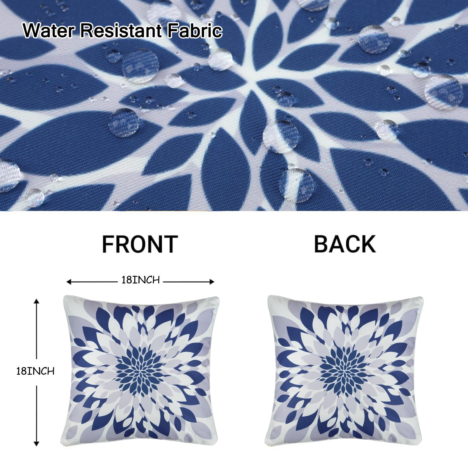 JASEN Outdoor Waterproof Pillow Covers, Blue Floral Pillow Covers, Set of 2 18x18, Double-Sided Decorative Outside Throw Pillows for Patio Furniture Couch Sunbrella Porch Garden