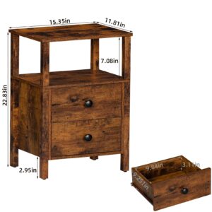 Lerliuo Night Stand Set of 2, Small Nightstand with 2 Wood Drawers and Storage Shelf, Rustic Bedside Table with Wooden Frame, Brown Couch Bed Side Tables for Small Spaces, Nightstands for Bedroom