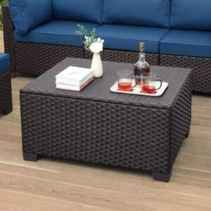 waroom outdoor pe wicker coffee table - resin rattan patio table garden furniture backyard storage table with waterproof lining bag, brown