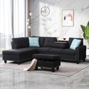 rovibek l shaped sectional couch with ottoman and pillows, 2 cup holders design living room sofa set for apartment, office