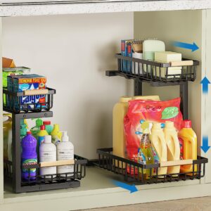 apxpf 2 pack under sink organizer 2 tier under sink organizers and storage adjustable kitchen pull out cabinet organizer metal sliding drawer for bathroom pantry cabinet closet organization rack black