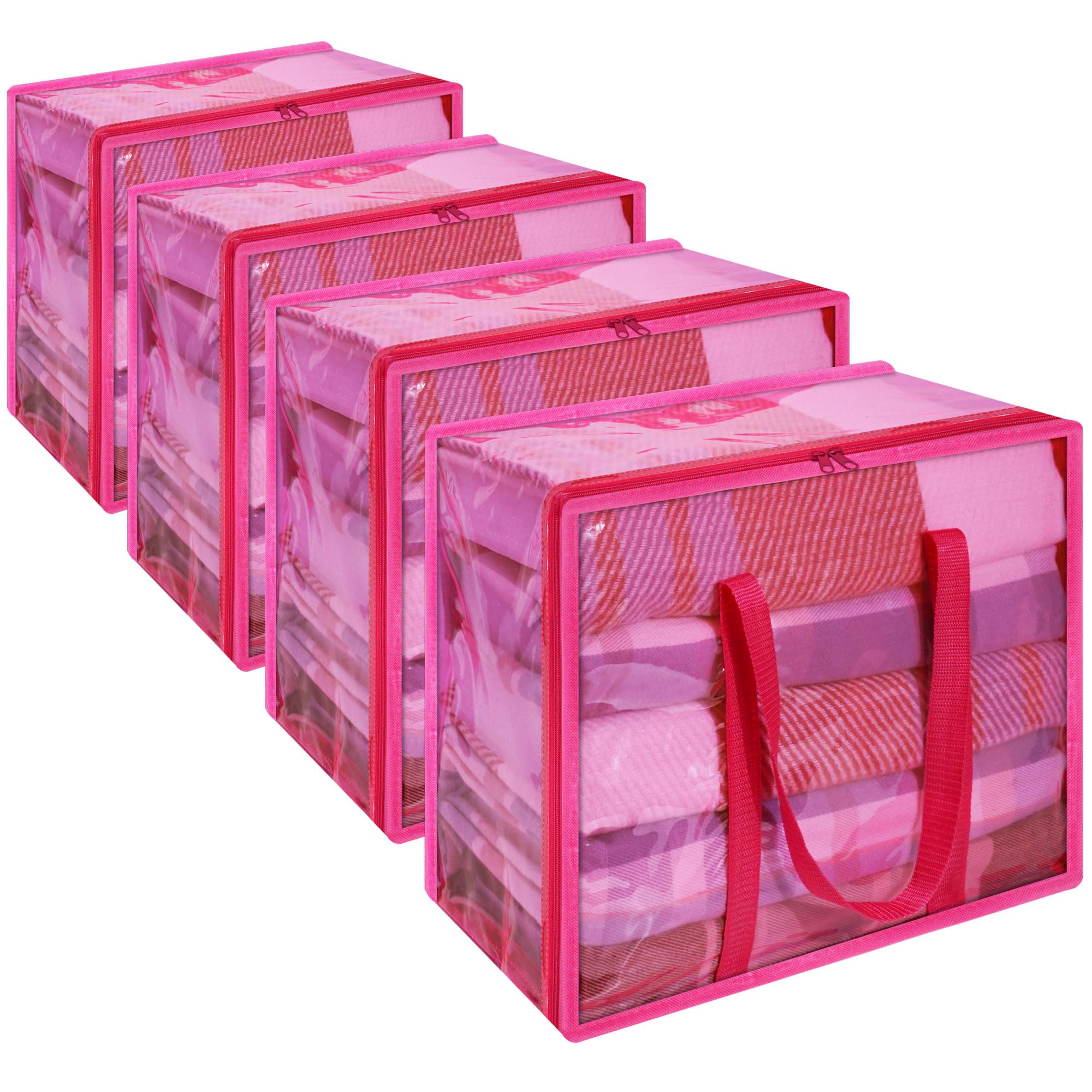 Vieshful 4 Pack Clear Clothes Storage Bag, 40L Zippered Closet Organizer, Plastic Storage Containers Moving bags for Comforter, Blanket, Bedding, Duvet, Toys, Pink