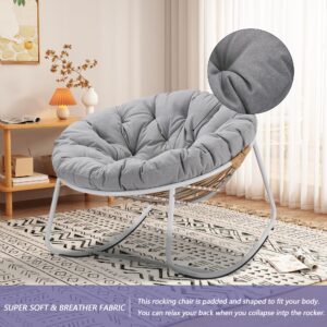 Naga Bahna Outdoor Round Rocking Chair, Patio Wicker Egg Chair, Comfy Oversized Papasan Chair with Light Grey Padded Cushion, Royal Rattan Rocker for Living Room, Front Porch, Patio