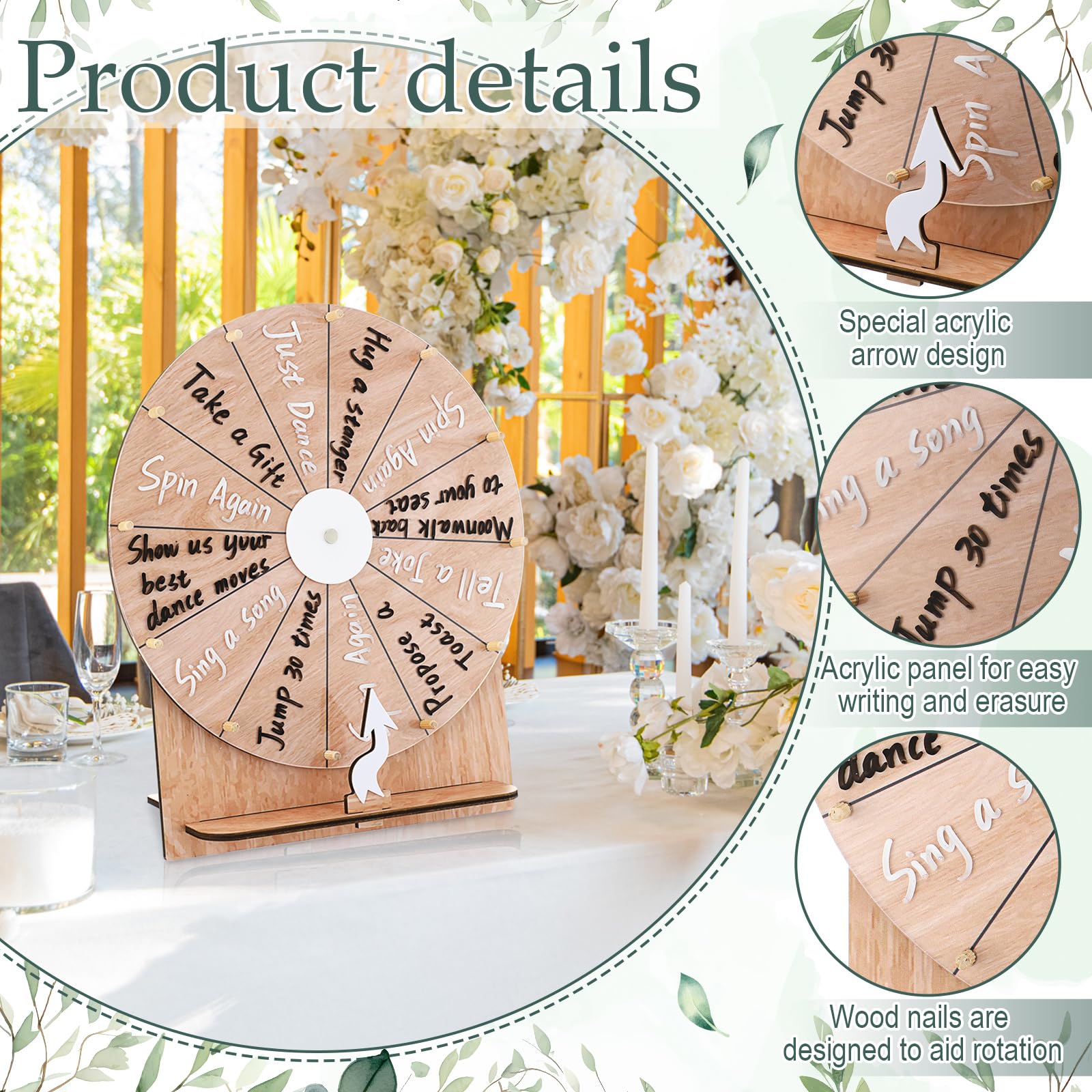 Memorywuu Wedding Game Spinning Wheel 11.4 Inch Erasable Spin The Wheel Game Prize Wheel Spinner with Stand for Wedding Engagement Party Family Games Baby Shower(Wood Color)