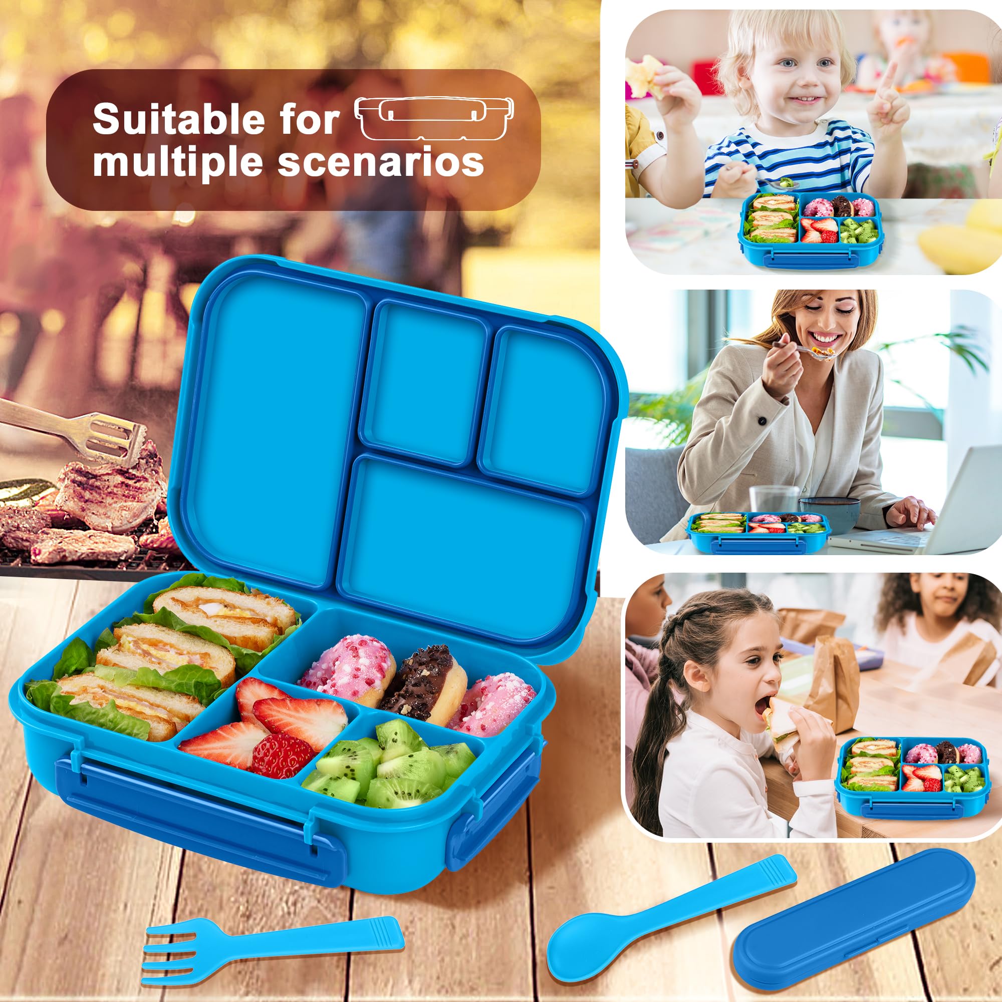 Amathley Lunch Box Kids,Bento Box Adult,Leakproof Lunch Containers for Adults/Kids/Toddler,1200ML-4 Compartments bento Lunch box with Utensil,Microwave & Dishwasher & Freezer Safe (Blue)