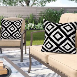 Yaofavo Outdoor Pillow Covers Set of 2, Waterproof Boho Farmhouse Throw Pillow Covers Geometric Pillow Cases for Patio Garden(Black&Cream White-10, 18x18 Inch)