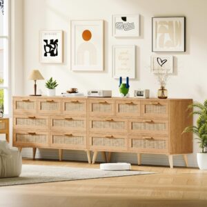 Rovaurx 7 Drawer Double Dresser for Bedroom, Rattan Chest of Dressers, Modern Wooden Dresser Chest with Golden Handles, Beside Table for Closet, Living Room and Entryway, Natural RDG004M