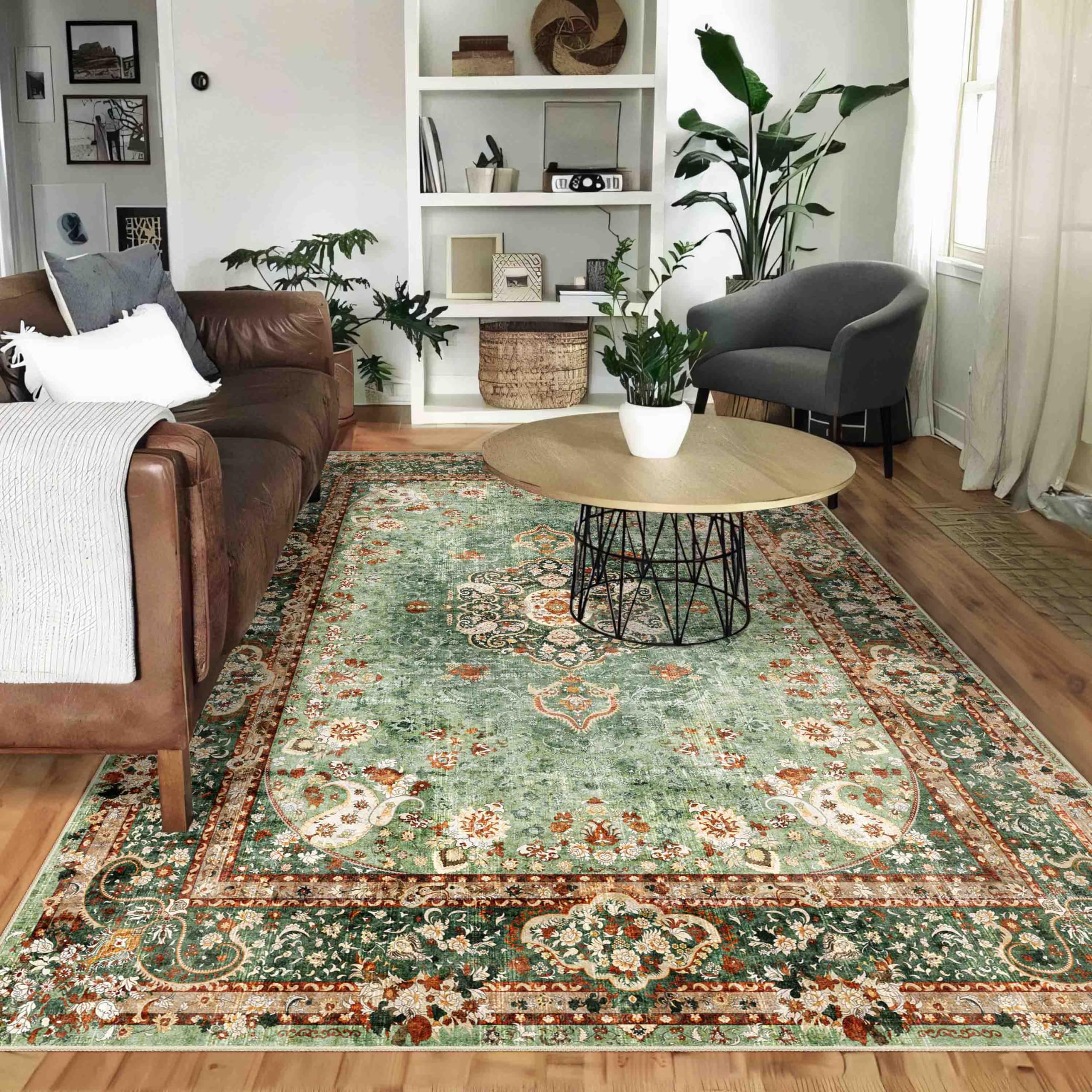 Castage 5x7 Area Rugs Washable,Green Rug for Living Room Bedroom Kitchen,Large Boho Vintage Bohemian Distressed Oriental Carpet Non Slip