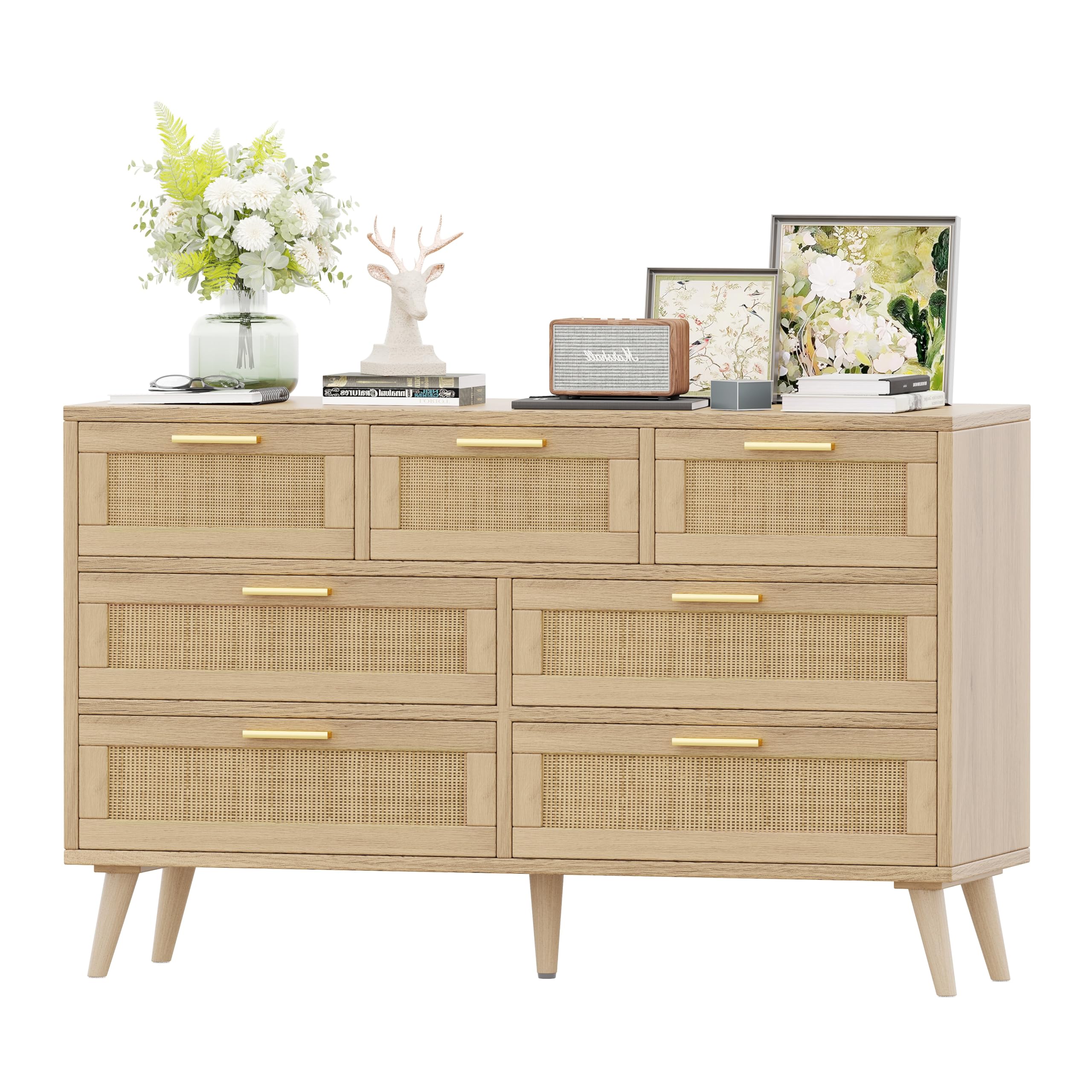 Rovaurx 7 Drawer Double Dresser for Bedroom, Rattan Chest of Dressers, Modern Wooden Dresser Chest with Golden Handles, Beside Table for Closet, Living Room and Entryway, Natural RDG004M