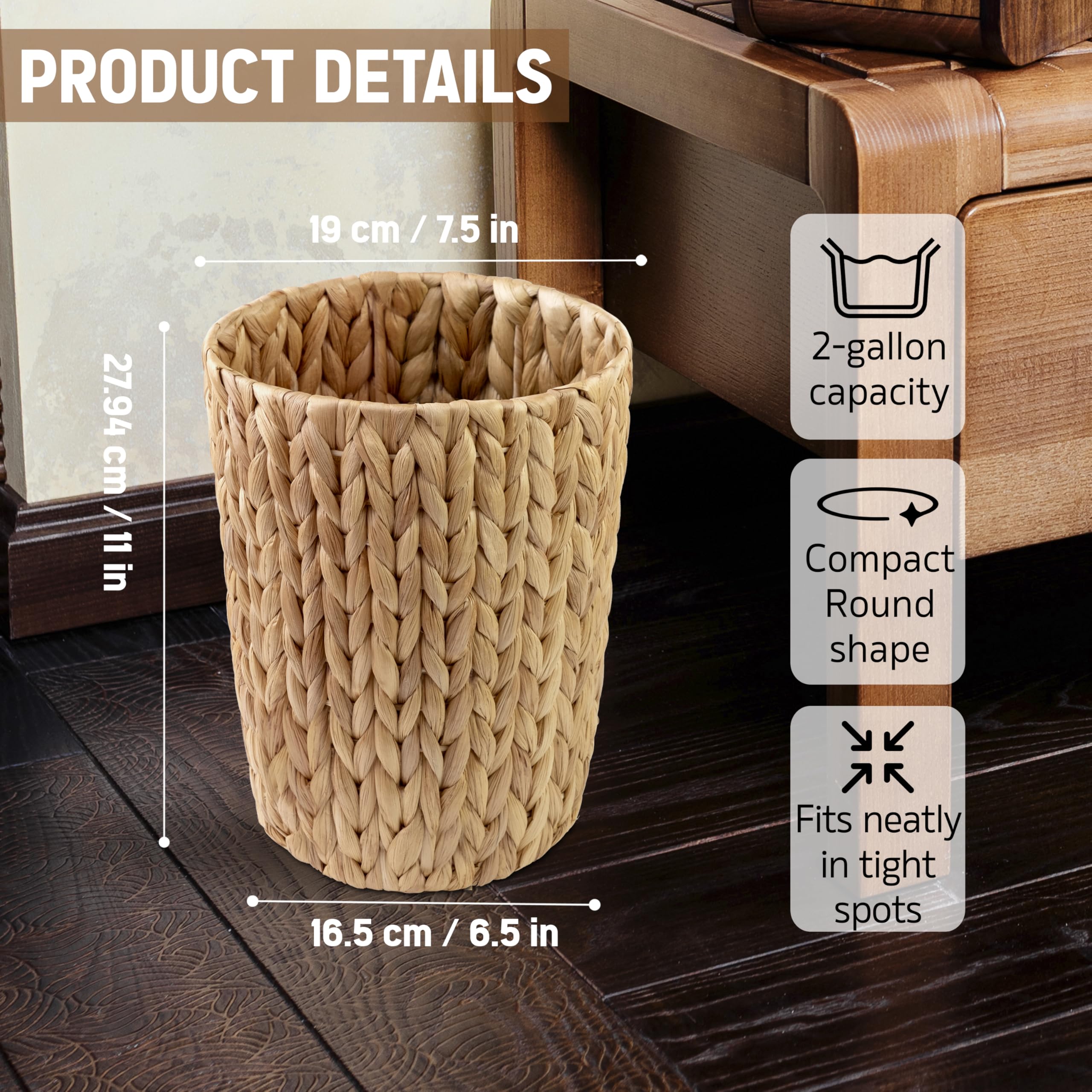 KENHANDCRAFTVN Wicker Trash Can Bathroom, Cylinder Small Wicker Trash Basket, Handwoven Water Hyacinth Trash Can, Wicker Waste Basket for Bathroom, Bedroom, Office, Living Room, Small Space 1 Pack