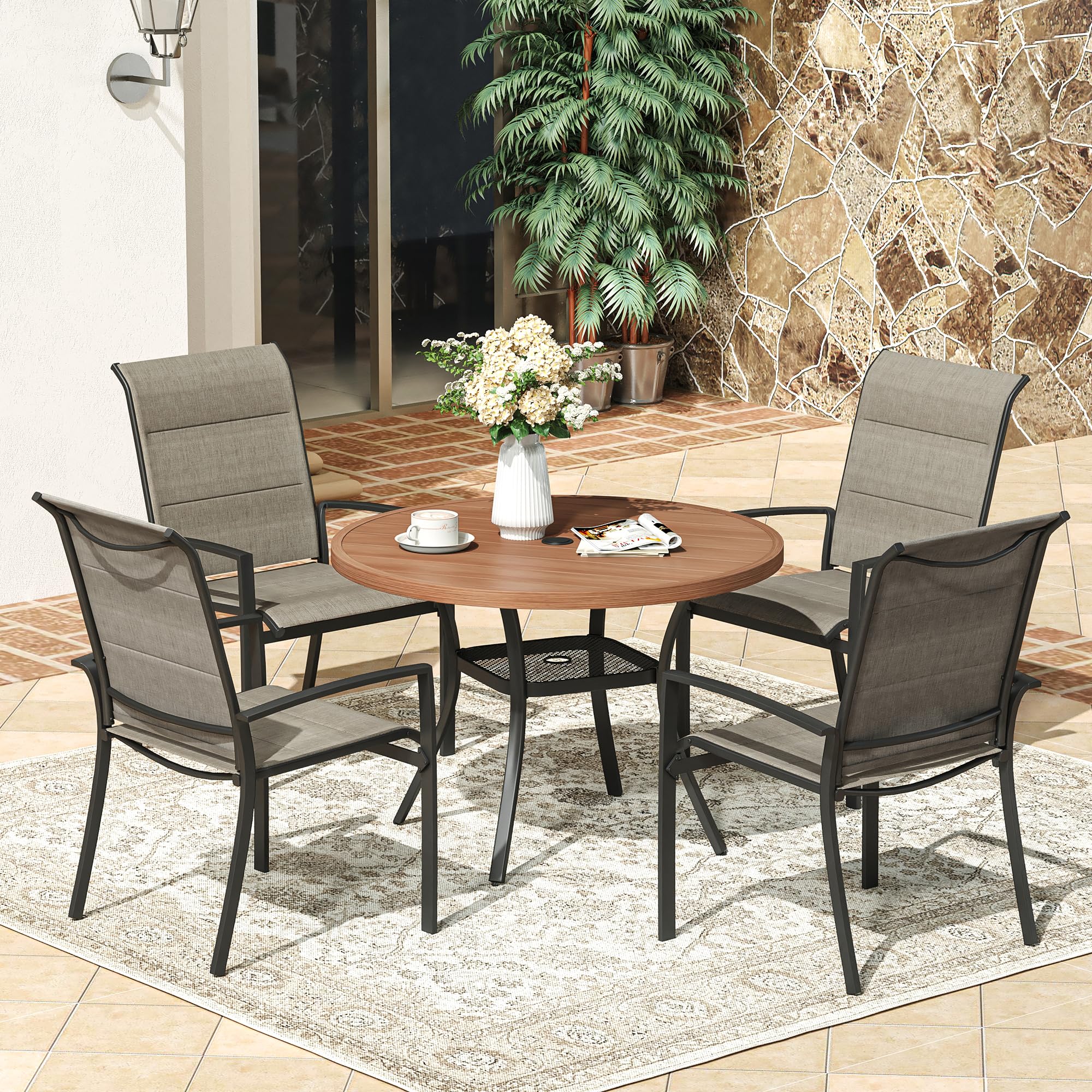 VICLLAX Patio 5 Pieces Outdoor Dining Set, 42" Round Metal Table with Umbrella Hole and 4 Stackable Cotton-Padded Textilene Chairs for Lawn, Garden, Porch, Walnut/Black