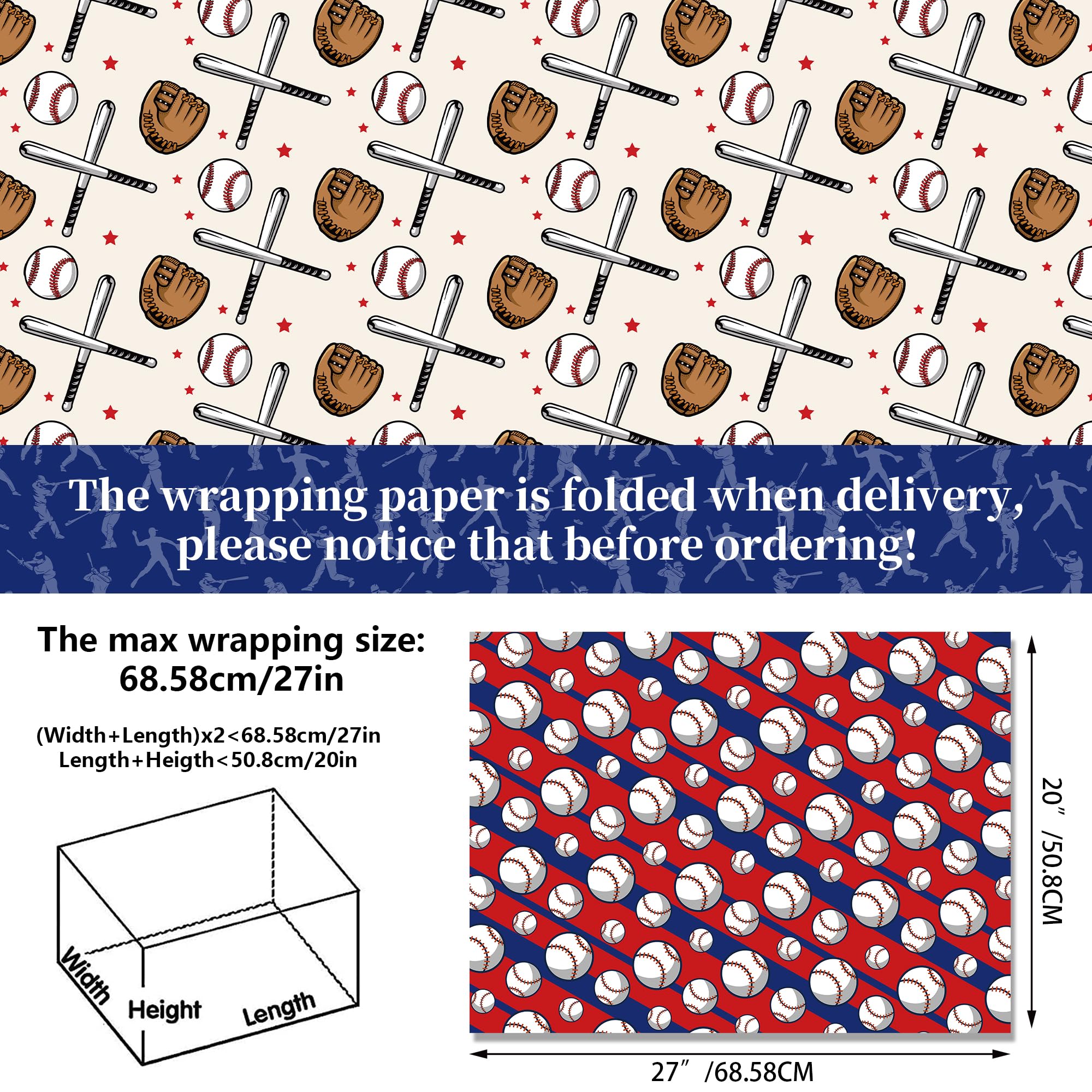 12 Sheets Baseball Wrapping Paper, 20x27in Baseball Pattern Gift Wrap Paper Baseball Bat Baseball Gloves Patterns Wrapping Paper for Sports Party Decor Boy Birthday Gift Wrapping