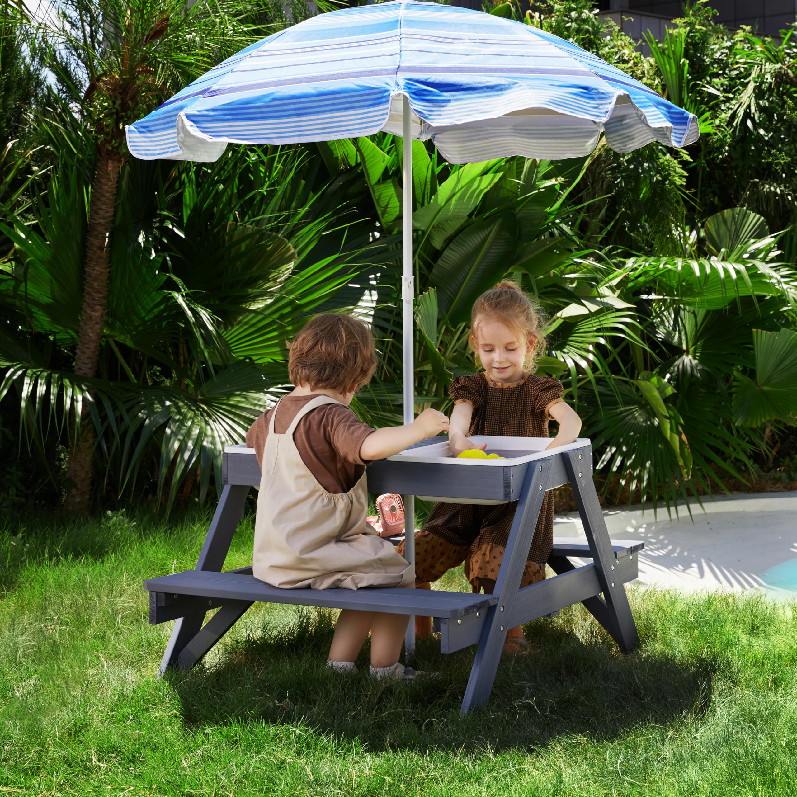 Beright 3-in-1 Kids Picnic Table, Play Sand and Water Sensory Table with Height Adjustable Umbrella & Removable Tabletop, Kids Wooden Outdoor Table, with 3 Storage Bins, Upgraded