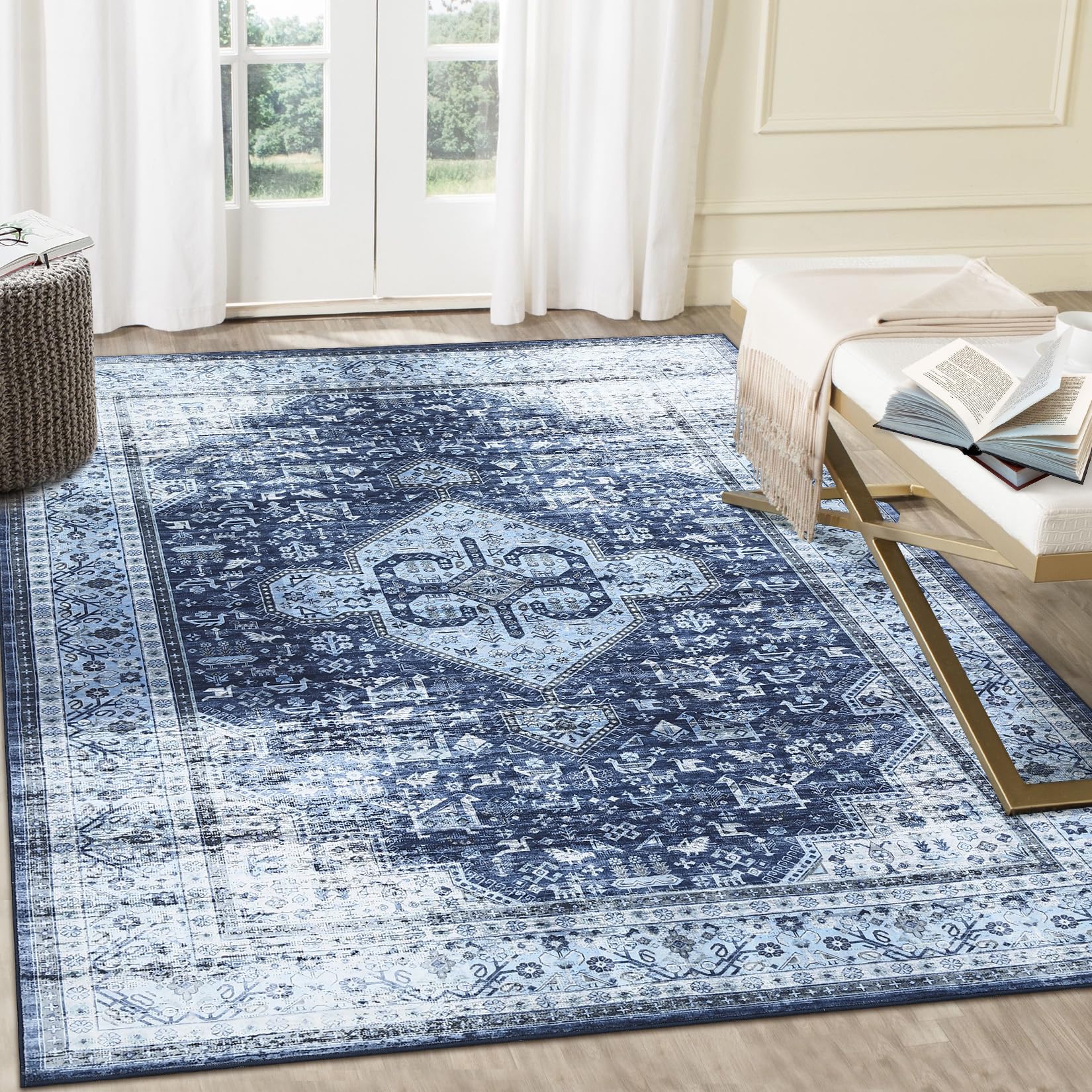 Haperlare Washable Rug 8x10 Ultra-Thin Area Rug Vintage Rug with Non Slip Backing Stain Resistant Rugs for Living Room Bedroom Low Pile Distressed Rug, Navy