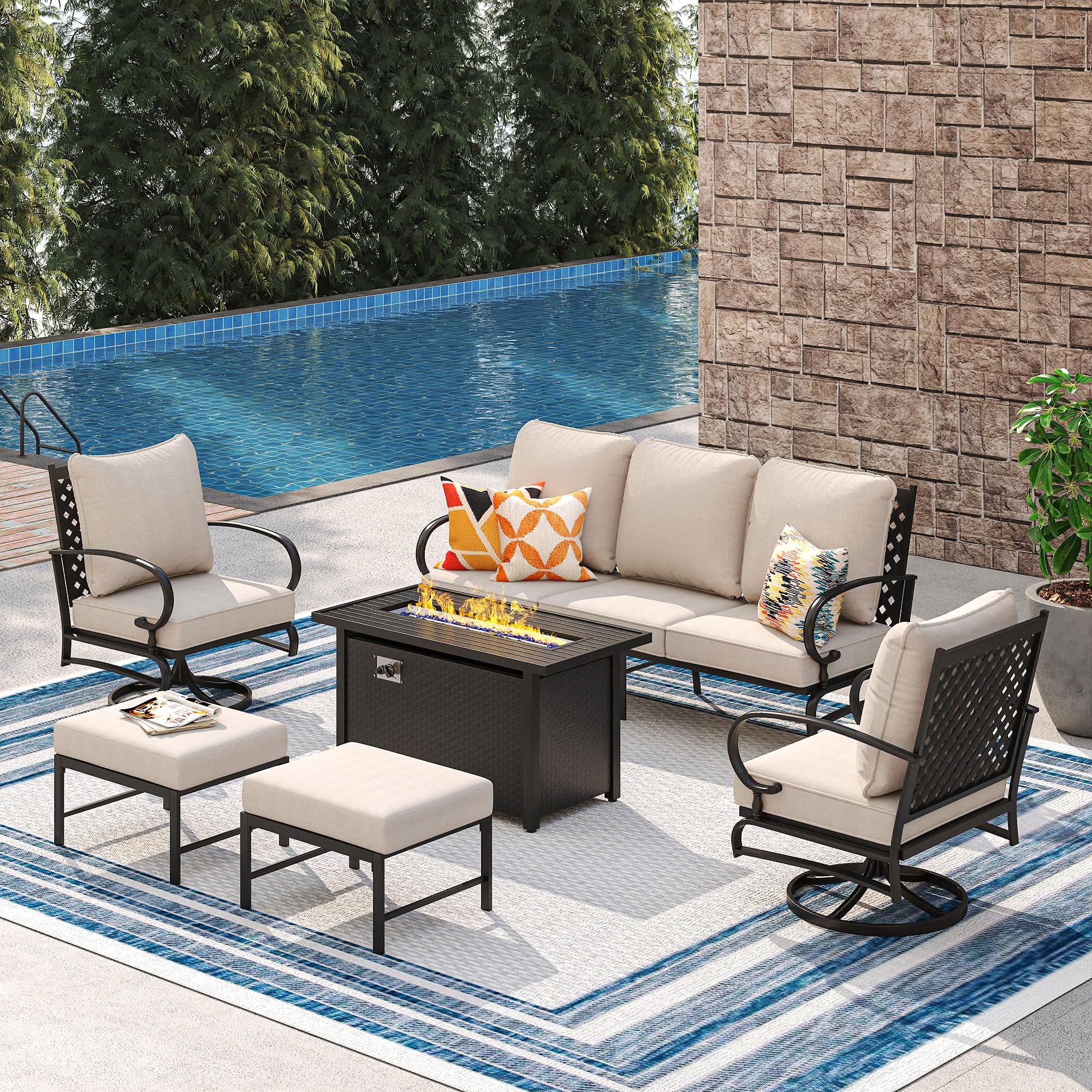 VICLLAX 6 Pieces Patio Furniture Set with 45-inch Fire Pit Table, Outdoor Furniture of 3-Seater Sofa, 2 Patio Swivel Sofa Chairs, Metal Top Fire Pit Table and Ottomans for Backyard Deck and Garden