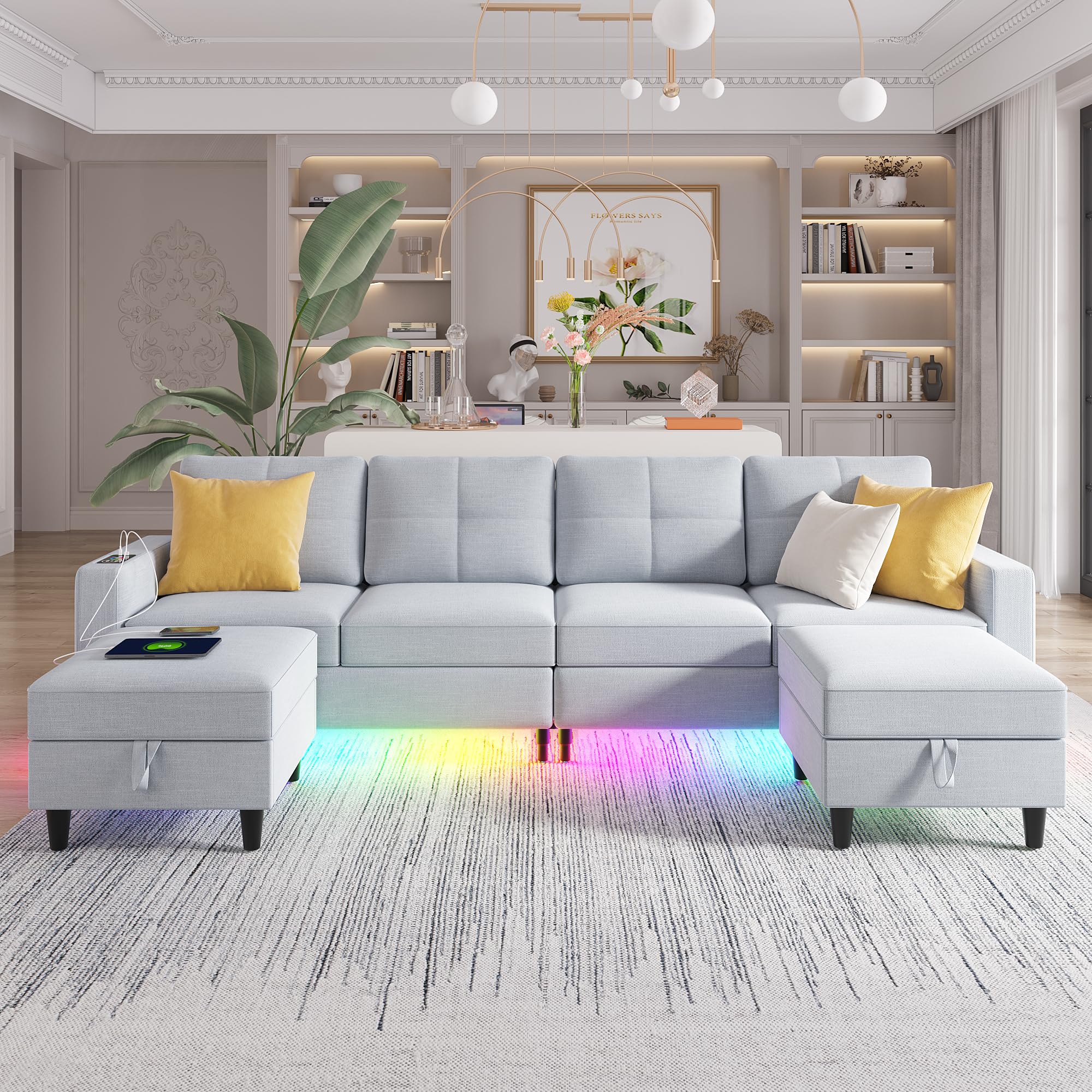 SKKTKT LED Sectional Couches for Living Room, Modular Sectional Sofa Set with Storage Ottomans, Oversized U Shaped Sofa Couch with Auto Sensor RGB Lights and Charging Station (Light Grey)