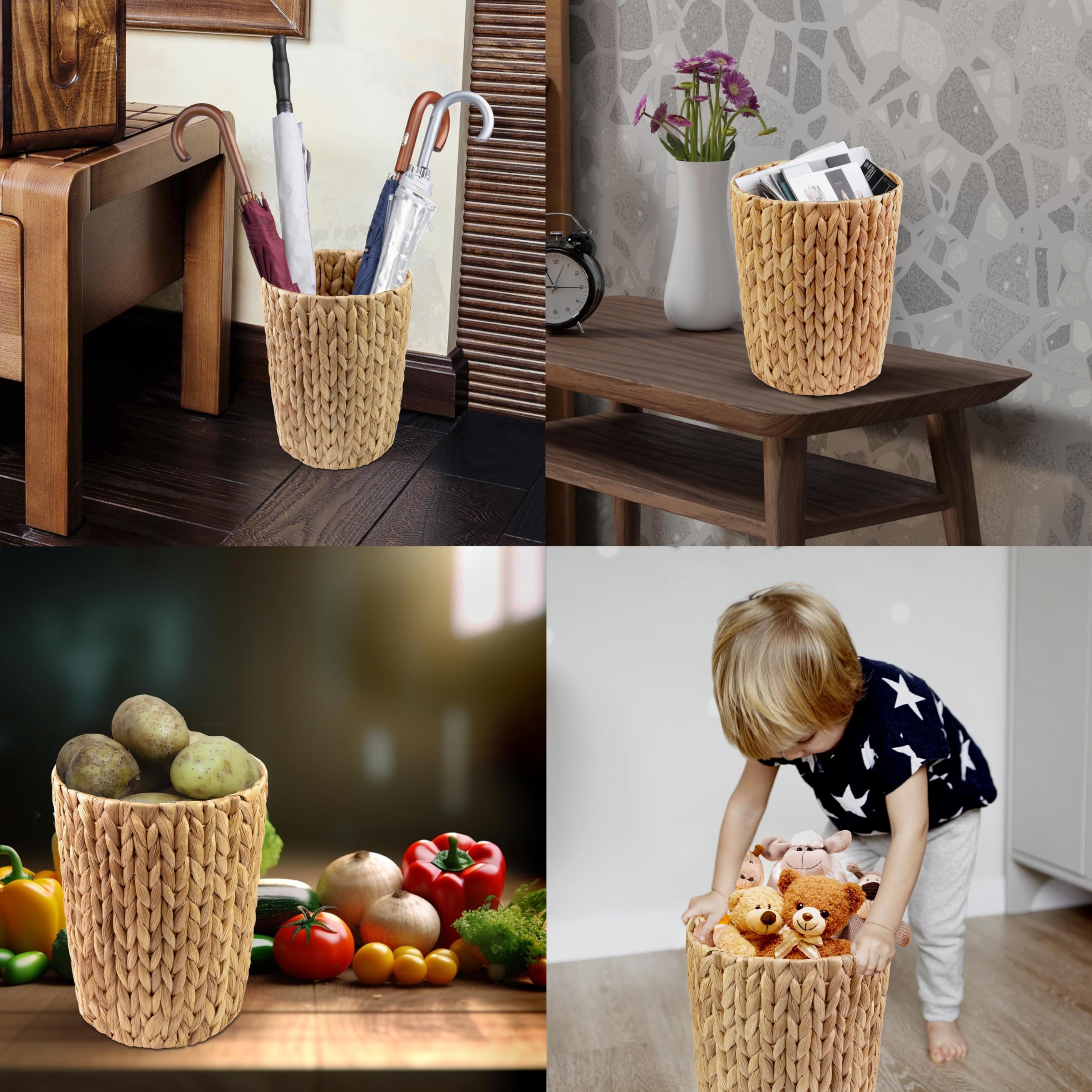 KENHANDCRAFTVN Wicker Trash Can Bathroom, Cylinder Small Wicker Trash Basket, Handwoven Water Hyacinth Trash Can, Wicker Waste Basket for Bathroom, Bedroom, Office, Living Room, Small Space 1 Pack