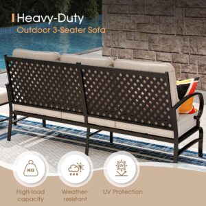 VICLLAX 6 Pieces Patio Furniture Set with 45-inch Fire Pit Table, Outdoor Furniture of 3-Seater Sofa, 2 Patio Swivel Sofa Chairs, Metal Top Fire Pit Table and Ottomans for Backyard Deck and Garden