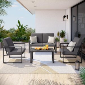 LAUSAINT HOME Patio Furniture Set, 4 Pcs Modern Outdoor Conversation Set with Table, Outdoor Metal Sectional Sofa with 6‘’ Removable Sponge Cushions, Adjustable Foot for Patio, Porch, Backyard, Pool