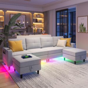 skktkt led sectional couches for living room, modular sectional sofa set with storage ottomans, oversized u shaped sofa couch with auto sensor rgb lights and charging station (light grey)